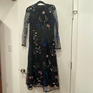 Floral embroidered black/navy maxi dress w/ sheer sleeves, SHEIN, EUC, size 6